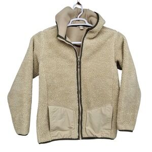 Lands End Kids Sherpa Fleece Hooded Jacket Beige Tan Full Zip Size L 14-16